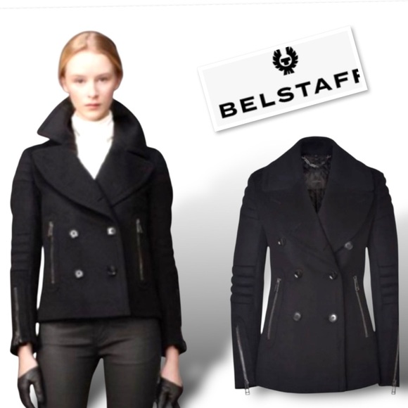 Belstaff Dallington Double Breast Cropped Pea Coat Cashmere/Wool Blend Black S - Picture 2 of 16